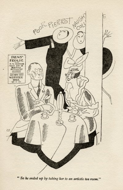 “所以他最终把她带到了一个艺术茶室。”，1928年出版的Anita Loos的“但先生嫁给黑发女郎”的插图 作者 拉尔夫·巴顿